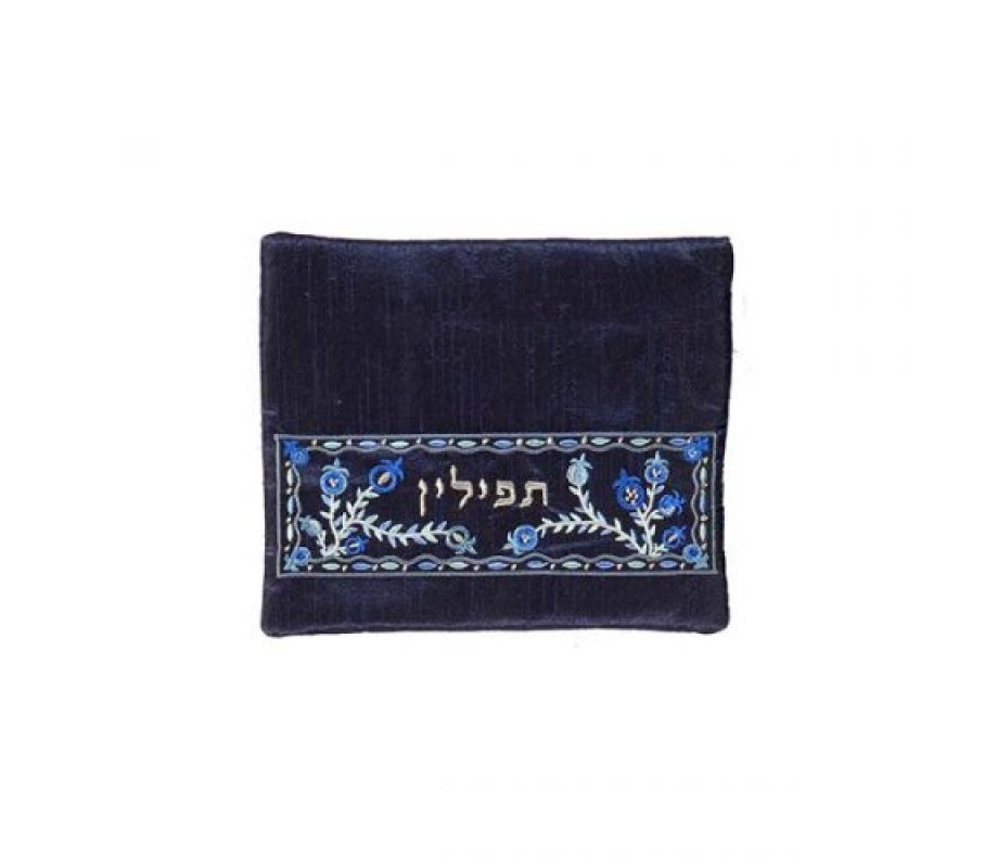 Yair Emanuel Embroidered Prayer Shawl and Tefillin Bag Set– Blue Pomegranates on Blue