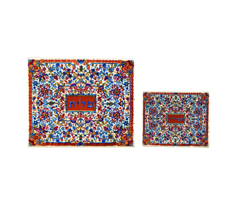 Yair Emanuel Full Embroidery Prayer Shawl and Tefillin Bag, Flowers - Colorful