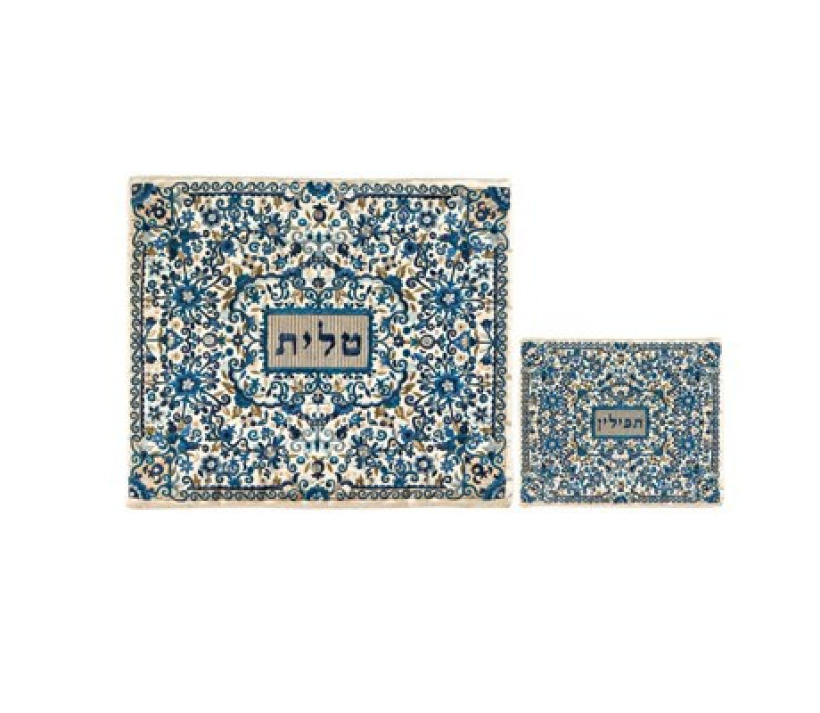 Yair Emanuel Full Embroidery Prayer Shawl and Tefillin Bag with Floral Design - Blue