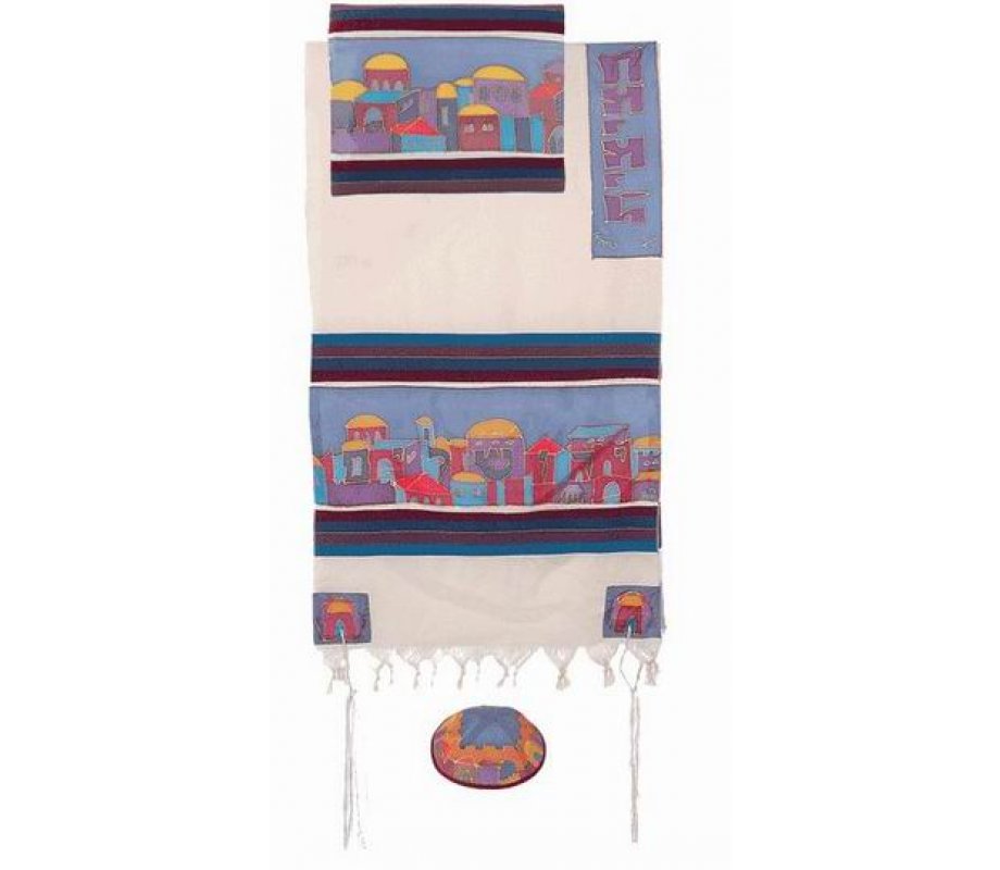 Yair Emanuel Woven Cotton and Silk Prayer Shawl Set with Jerusalem Views - Multicolor