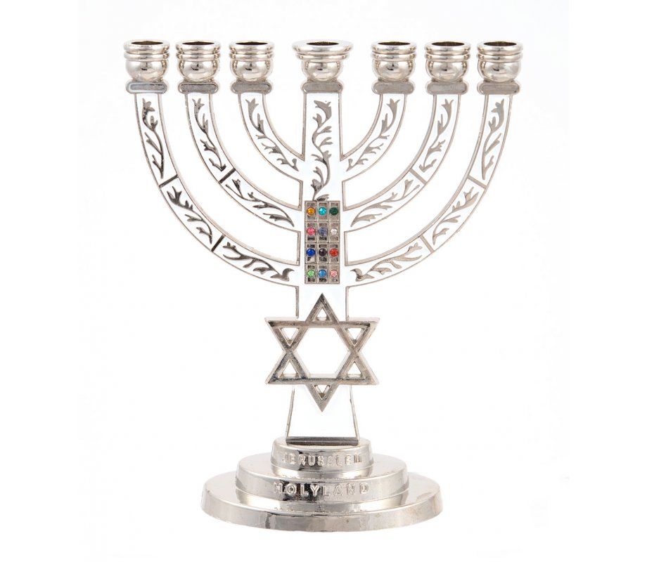 7-Branch Menorah with Star of David and Breastplate, White on Silver 5.2 Inches