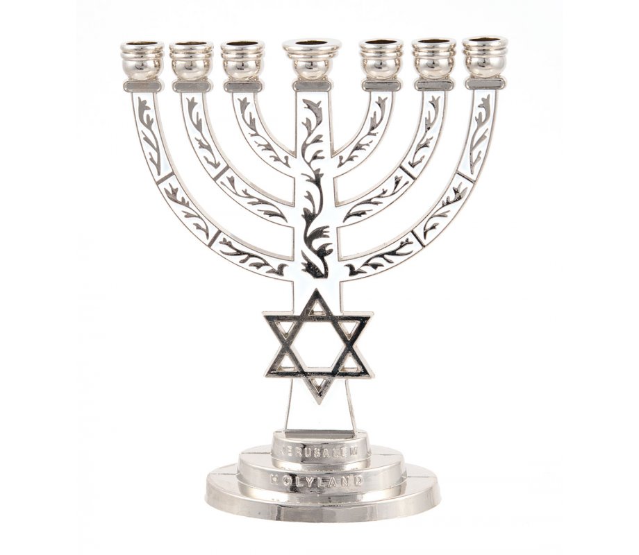 7-Branch Menorah with Star of David and Breastplate, White on Silver 5.2 Inches