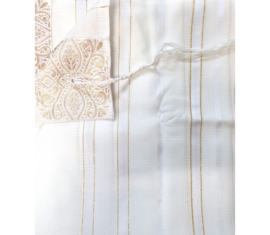 Acrylic Non-Slip Prayer Shawl, Checkerboard Textured Weave – White and Gold Stripes