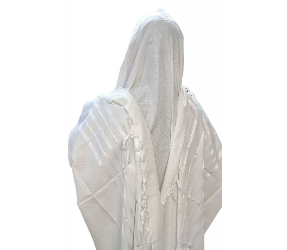 Acrylic Non-Slip Prayer Shawl, Checkerboard Textured Weave – White on White Stripes