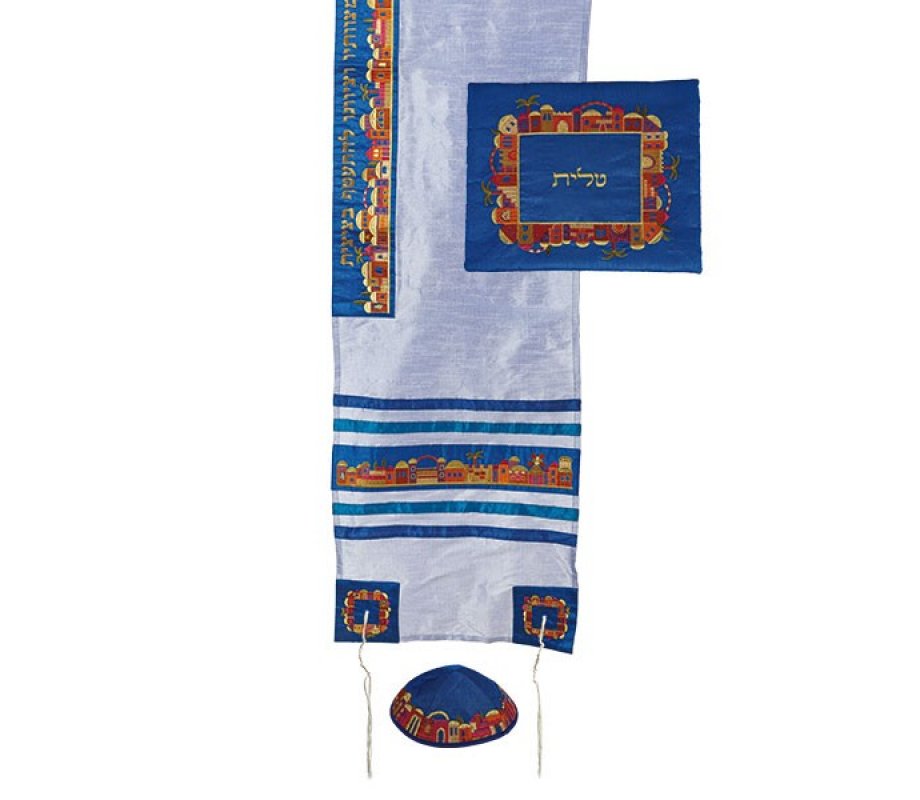 Blue Polysilk Prayer Shawl Set Embroidered Jerusalem Design - Yair Emanuel