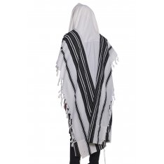 Chabad Wool Non Slip Prayer Shawl - Black Stripes and Thin Handmade Fringes in Corners