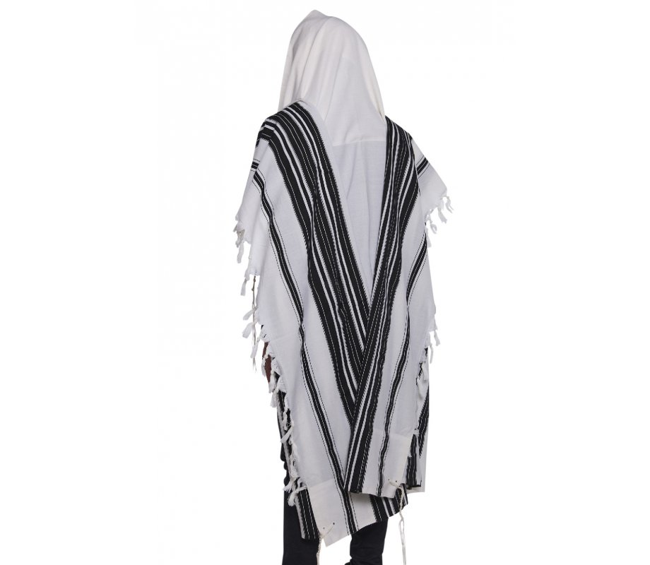 Chabad Wool Non Slip Prayer Shawl - Black Stripes and Thin Handmade Fringes in Corners