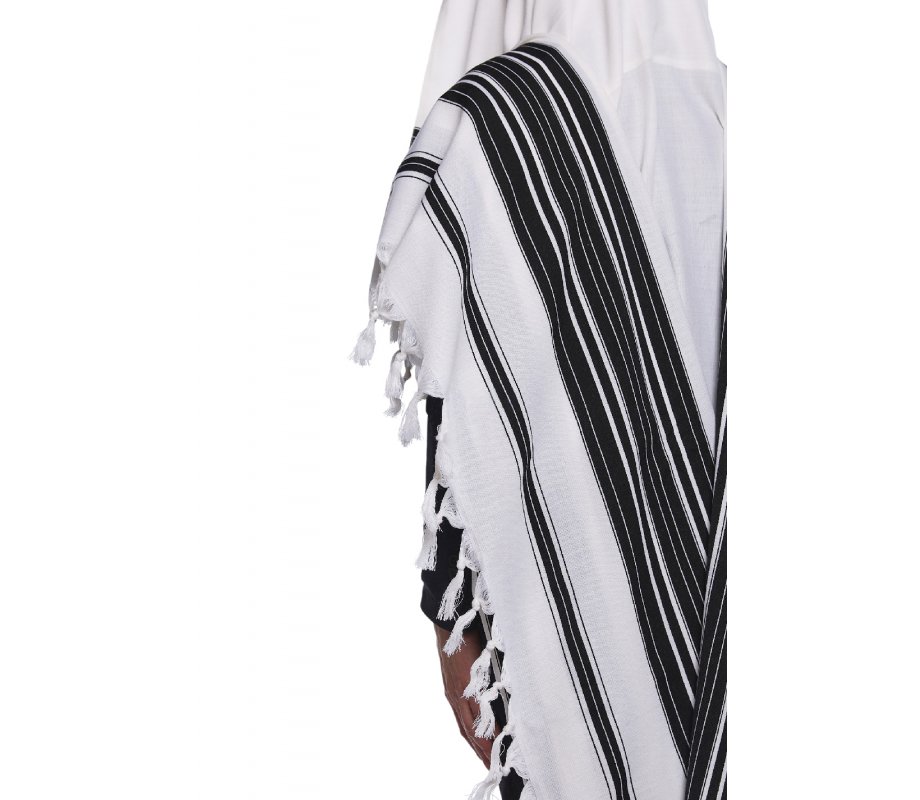 Chabad Wool Non Slip Prayer Shawl - Black Stripes and Thin Handmade Fringes in Corners