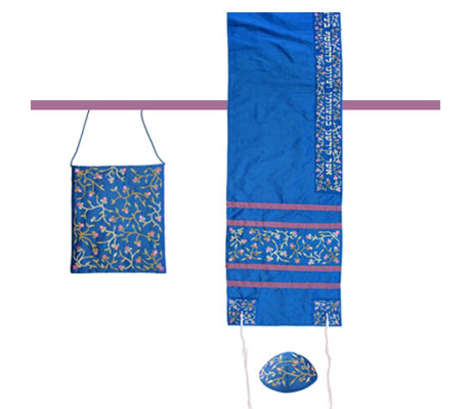 Embroidered Flowers on Polysilk Blue Tallisack Prayer Shawl Set - Yair Emanuel