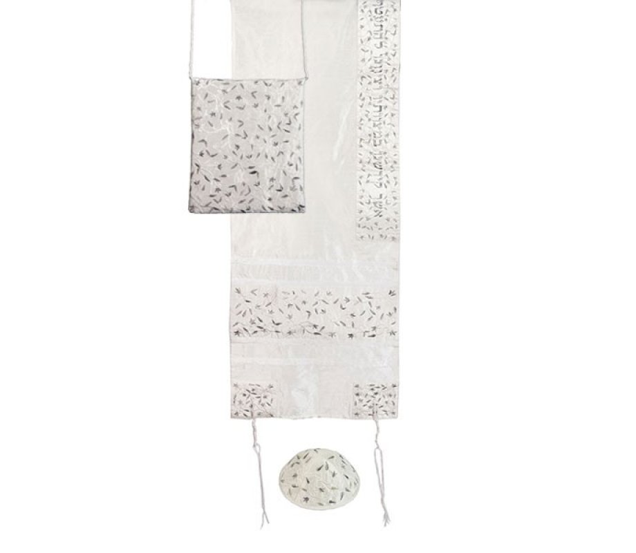 Embroidered Flowers on Polysilk Silver Tallisack Prayer Shawl Set - Yair Emanuel
