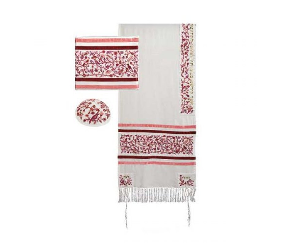 Embroidered Silk Cotton Prayer Shawl, Birds Trees Matriarchs, Maroon - Yair Emanuel