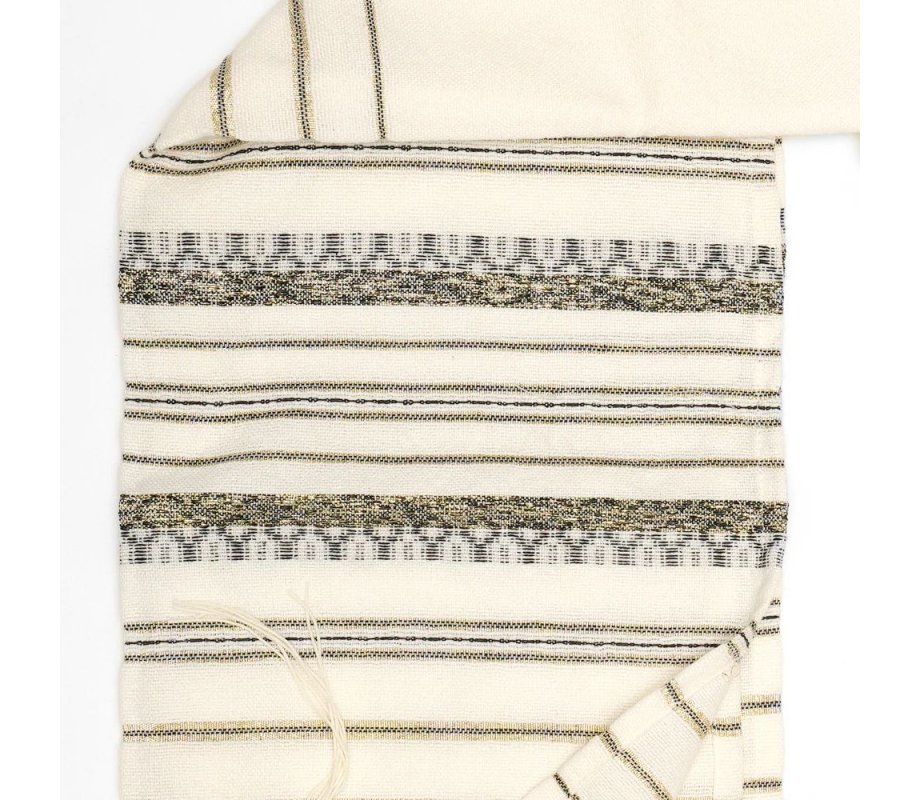 Gabrieli Handwoven Hagar Off White Wool Tallit Set - Black and Gold Stripes