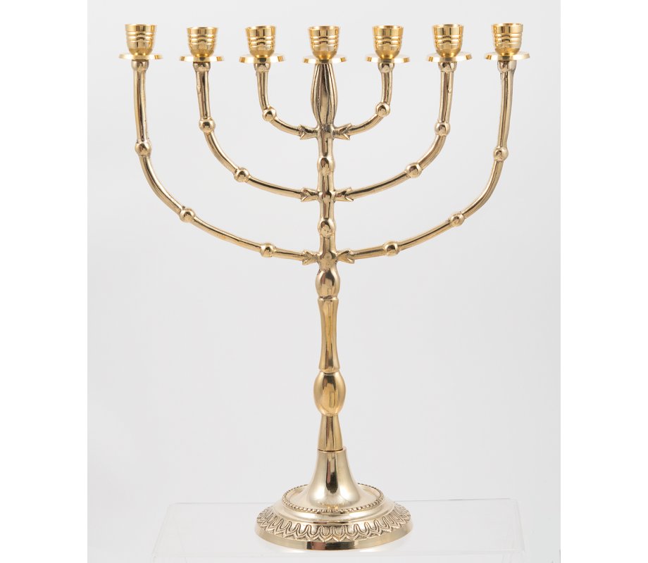 Gleaming Gold Seven Branch Menorah with Bead Decoration, Brass - 15