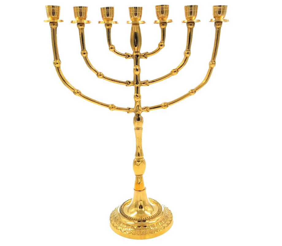 Gleaming Gold Seven Branch Menorah with Bead Decoration, Brass - 15