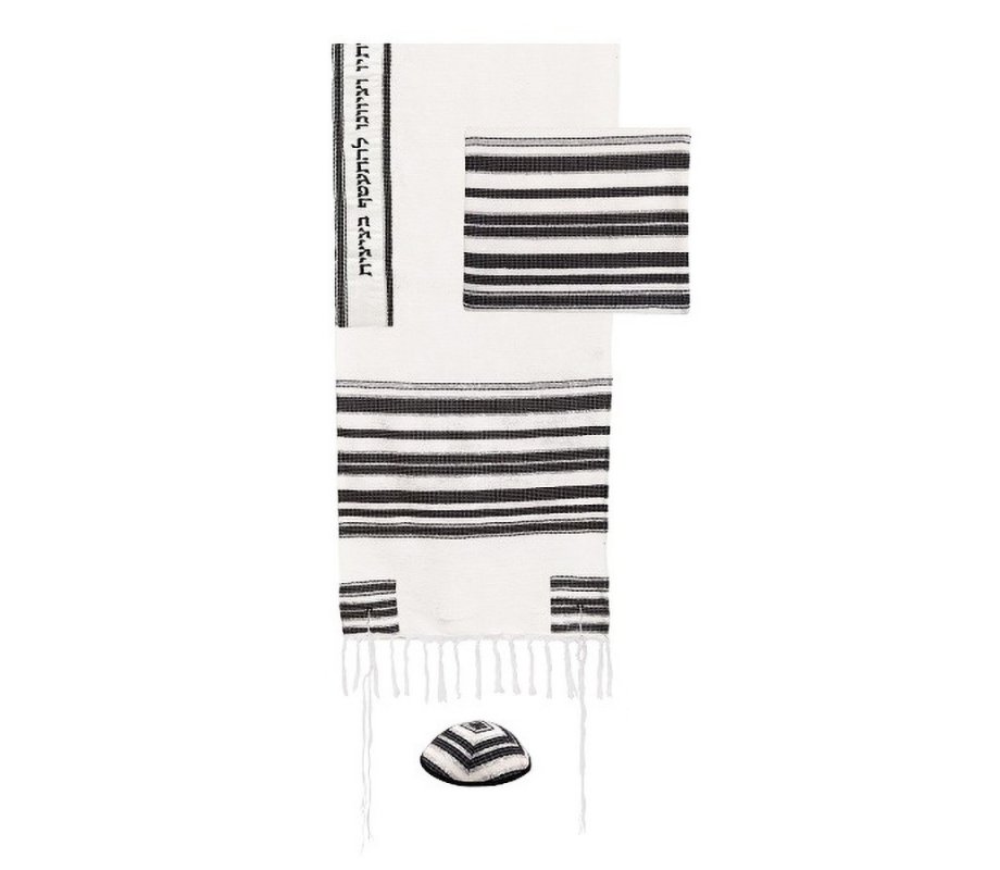 Hand Embroidered Silk-Cotton Prayer Shawl Set with Black Stripes - Yair Emanuel
