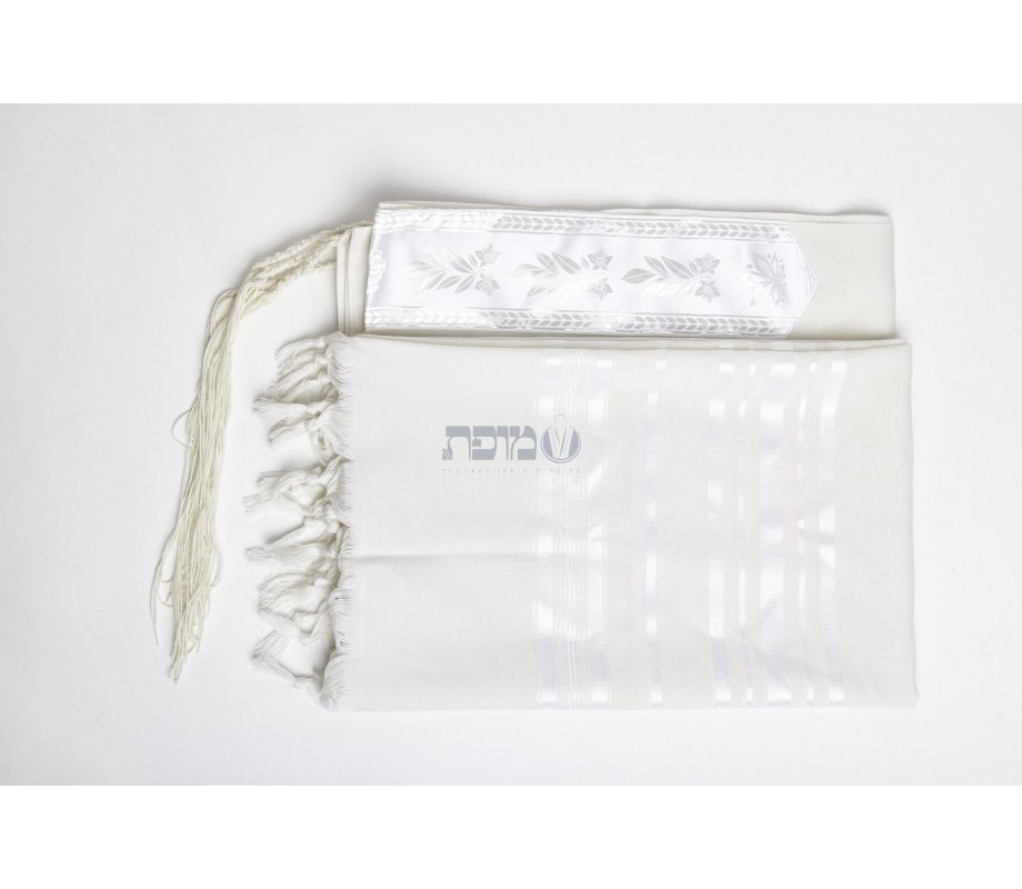 Modim Wool Classic Tallit Prayer Shawl - Shiny White Stripes