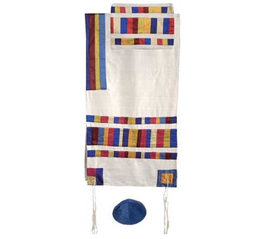 Multicolor Stripe, Embroidered Silk Applique on Prayer Shawl Set by Yair Emanuel