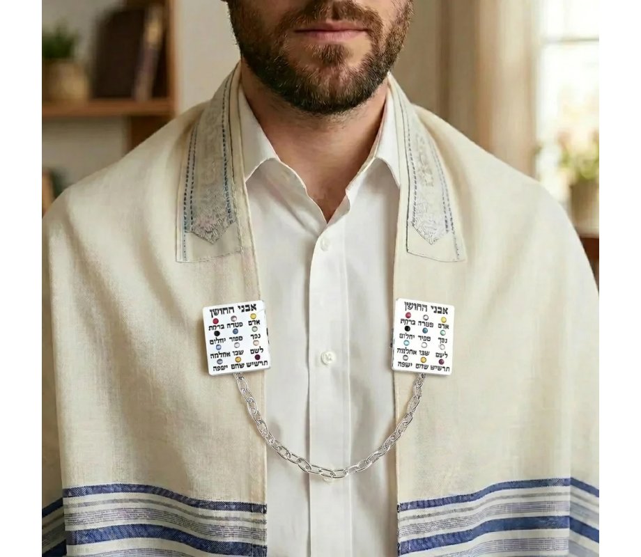 Prayer Shawl Clips and Chain, Colorful Breastplate Stones - Nickel Plated