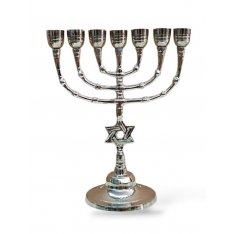 Seven Branch Menorah with Large Cups and Star of David on Stem, Nickel - 10