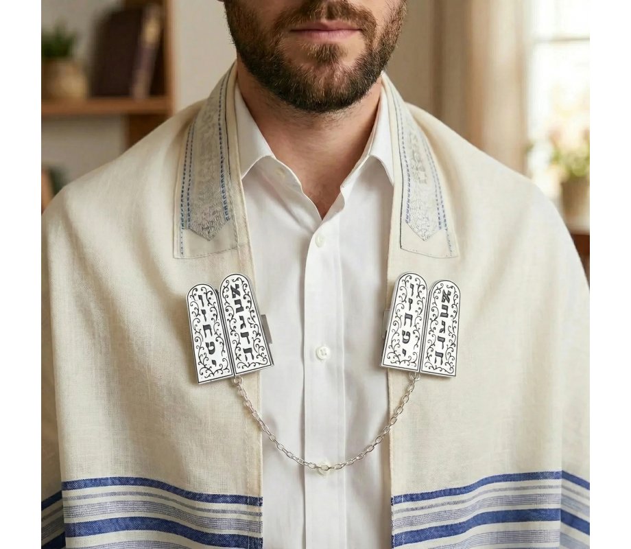 Tallit Prayer Shawl Clips - Ten Commandments Tablet in Swirling Frame