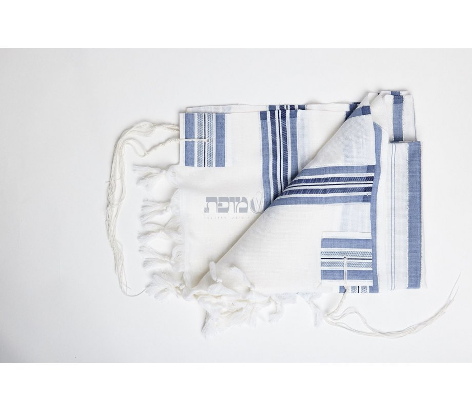 Victory LaMenatzeach Wool Tallit Non Slip Prayer Shawl - Denim Blue and Silver Stripes