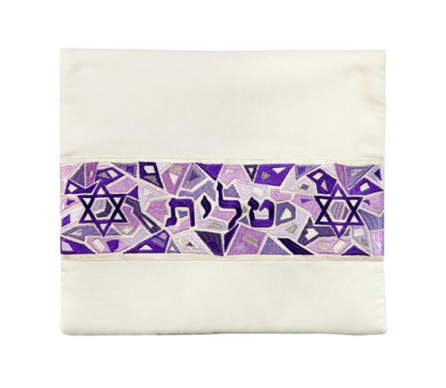 Yair Emanuel Tallit and Tefillin Bag Set, Star of David Motif on Mosaic - Purple