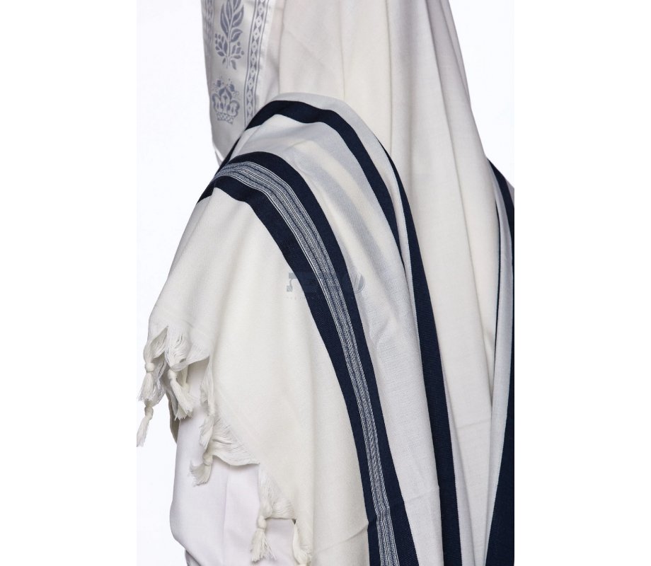 Yishtabach Praise Wool Non Slip Prayer Shawl - Dark Navy Stripes